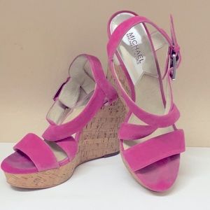 Michael Kors Sandal Pink Suede 8.5 cork wedge 4.5 inch heel